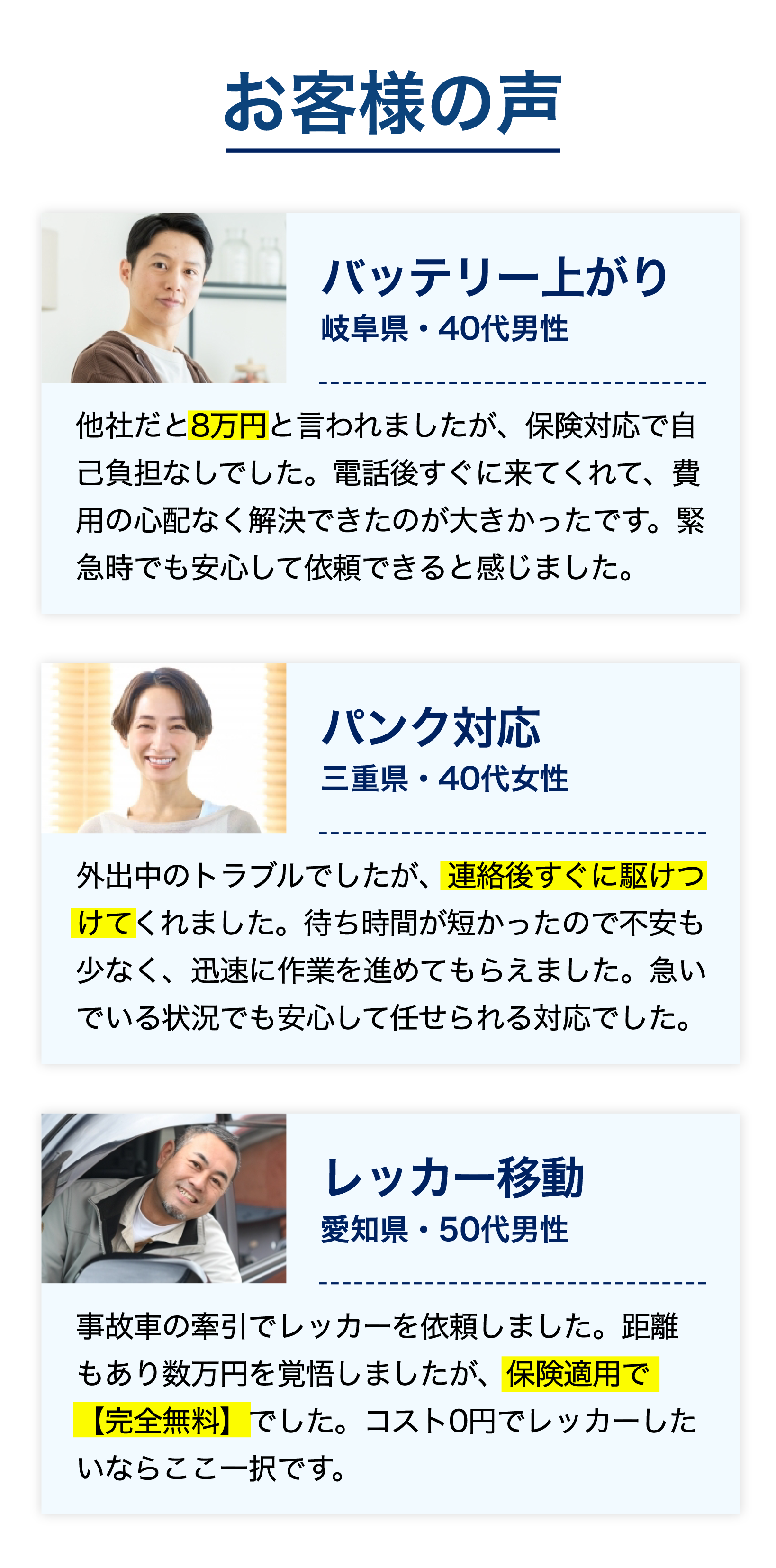 お客様の声 バッテリー上がり岐阜県40代男性 パンク対応三重県40代女性 レッカー移動愛知県50代男性