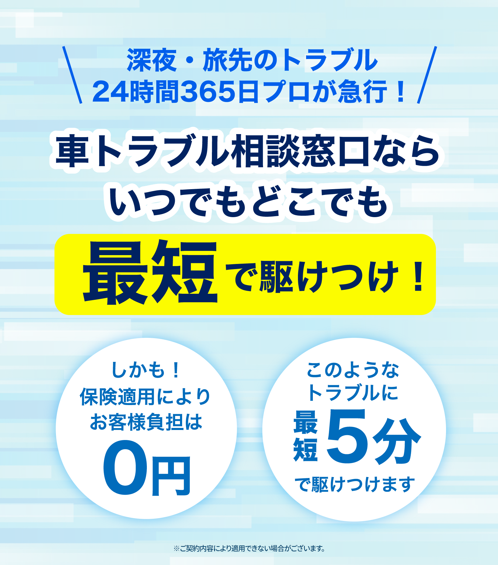 深夜・旅先のトラブル 24時間365日プロが急行 車トラブル相談窓口ならいつでもどこでも最短で駆けつけ 保険適用によりお客様負担は0円 最短5分で駆けつけます
